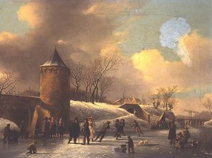 Skaters on a Frozen Waterway by a Tower by Jacobus van der Stok