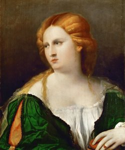 Young Woman in a Green Dress, a Box in Her Hand
