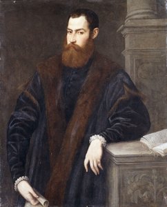 Portrait of a Gentleman, three-quarter length, in a fur-trimmed coat, holding a document and leaning against a pedestal