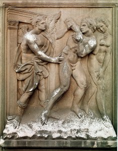 Adam and Eve Hunts of Earthly Paradise. Low Embossed Marble by Jacopo Della Quercia, 1430-1435. Bologna, Chiesa di San Petronio