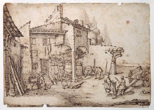 An Italian farmyard by Jacques (after) Callot