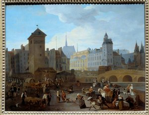 French Revolution: View of the bridge and the pump Notre-Dame in Paris