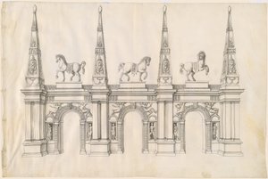 A Triumphal Arch with Caparisoned Horses and Ornamented Pinnacles by Jacques Androuet Ducerceau I