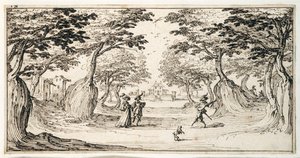 A fine lady and gentleman dancing in the woods to a lute, a chateau in the distance by Jacques Callot