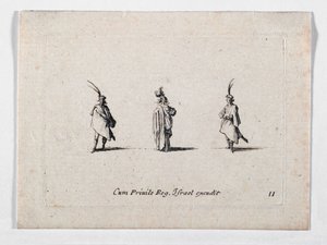 A Lady with a Long Coat and Two Cavaliers (engraving) by Jacques Callot