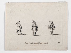 A Lady with a Plumed Hat and Two Cavaliers (engraving) by Jacques Callot
