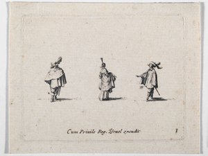 A Lady with Gathered-Up Skirt and Two Cavaliers by Jacques Callot