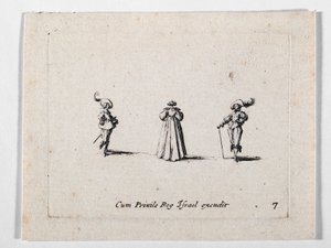 A Lady with Richly Pleated Dress, Seen from Back, and Two Cavaliers by Jacques Callot