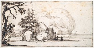 Fantastic rocks by the coast, buildings at the shore by Jacques Callot