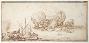 Fantastic Rocks, Fortified. Shipping. Mariners Bivouac in Sight of Their Craft (Le Grand Rocher) by Jacques Callot
