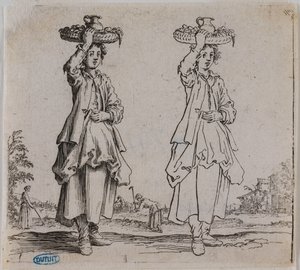Various Figures, The Peasant Woman Seen from the Front Holding a Basket on Her Head. Sixth Number of a Suite of 16 Pieces by Jacques Callot