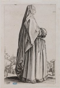 The Nobility, The Lady with a Large Veil and Fur-Trimmed Dress. Fifth Number of a Suite of 12 Pieces (Lieure 553, Meaume 679) by Jacques Callot