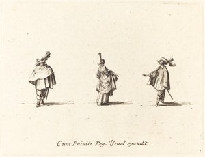 Lady with Dress Gathered Up, and Two Gentlemen by Jacques Callot