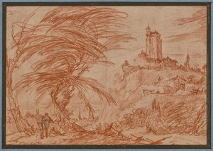 Landscape, Right on a Hill a Large Tower, Left a Group of Trees and Some Figures by Jacques Callot