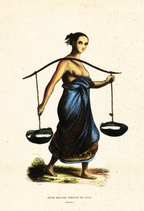 Young Malay Woman Carrying Pales of Water with a Yoke