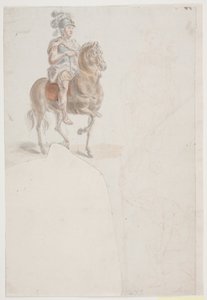 Rider in Roman Costume with Feathered Helmet. Also Two Faint Red Chalk Sketches of Standing and Half-Kneeling Men.