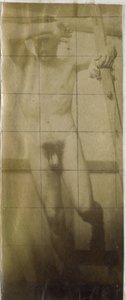 Study of a male nude model, hanging in a wooden structure, in the studio of Jacques de Lalaing by Jacques Lalaing (attributed to)