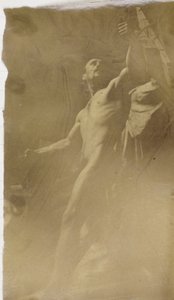 Study of a male nude model with hand in a structure, seen from below, in the studio of Jacques de Lalaing