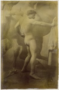 Study of a Male Nude Model, Standing Against the Background of a Monumental Mural of Horses, in the Studio of Jacques de Lalaing by Jacques Lalaing (attributed to)