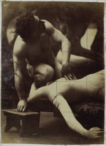 Study of a male nude model, wrestling with mannequin, in the studio of Jacques de Lalaing