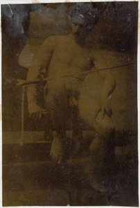 Study of a male nude model, sitting seen from the front with sword on lap, in the studio of Jacques de Lalaing