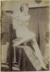 Study of a Female Nude Model, Sitting on a Podium Next to an Easel and Seen from the Front, in the Studio of Jacques de Lalaing, Preliminary Study for the Fernand Scribe Tomb Monument in the Cemetery of Ghent by Jacques Lalaing (attributed to)