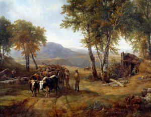 The loggers in the forest (detail). Painting by Raymond Brascassat (1804-1867)