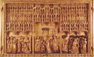 Altarpiece of Saints and Martyrs, central panel the beheading of St. John the Baptist, the Martyrdom of St. Catherine of Alexandria and St. Barbara and the Temptation of St. Anthony, c.1391 by Jacques de Baerze or Baers