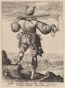 Helmeted Musketeer by Jacques de Gheyn II after Hendrik Goltzius