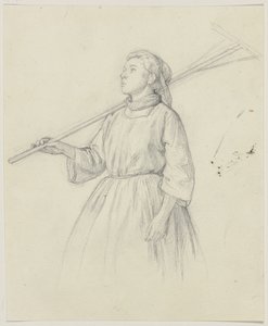 Peasant Girl Looking Up with a Shouldered Rake by Jakob Becker