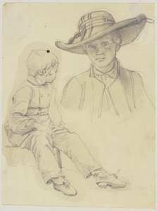 Study Sheet: Seated Boy in Lost Profile and Bust of a Young Woman with Hat by Jakob Becker