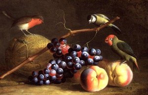 Three Birds with Peaches, Grapes and a Melon