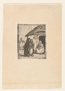 Two women and child in front of a house