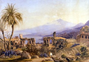Taormina in Sicily: the ruins and Etna. Painting by Jacob Suter, about 1850. by Jakob Suter