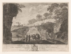 Mountain Landscape with a Wooden Bridge between Two Rocks by Jakob Wangner