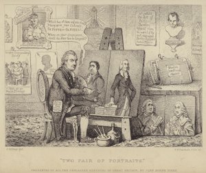 Two Pair of Portraits: anti-Whig cartoon depicting John Henry Tooke with portraits of Charles James Fox personifying vice and William Pitt the Younger representing virtue