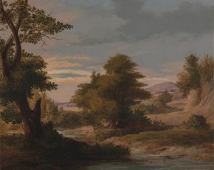 A Wooded River Landscape with Mother and Child by James Arthur O