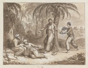 A Servant Bringing Water to Three Hunters