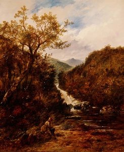 Angler by a Wooded Waterfall by James Charles Ward