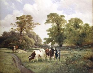 Cattle Grazing by a Path in a Wooded Landscape by James Duffield Harding