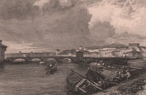 View of Arno River in Pisa, Tuscany, Italy, steel engraving by Thomas Higham after drawing by James Duffield Harding by James Duffield Harding