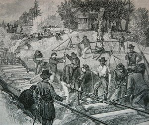 Troops destroying a railroad track