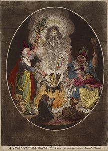 A Phantasmogoria; - Scene - Conjuring-up an Armed-Skeleton by James Gillray