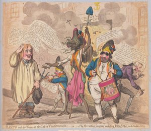 Alecto and her Train at the Gate of Pandaemonium or The Recruiting Sergeant enlisting John Bull into Revolution Service by James Gillray