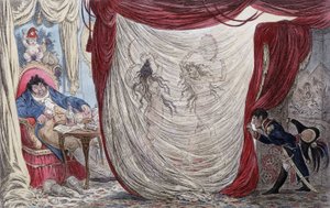 Cartoon about Napoleon, Paul Barras, Josephine and Mademoiselle de Fontenay, called ausii Teresa (Theresa or Terezia) Cabarrus, called Madame Tallien (Talien) or these ladies dance naked for Barras, under the stealth eye of Napoleon [Josephine being, at th