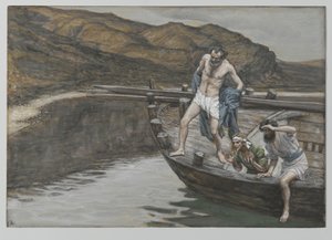 Saint Peter Alerted by Saint John to the Presence of the Lord Casts Himself into the Water, illustration from The Life of Our Lord Jesus Christ