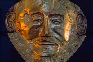 A Bronze-age funeral mask. National Archeological Museum, Athens, Greece. by James L Stanfield
