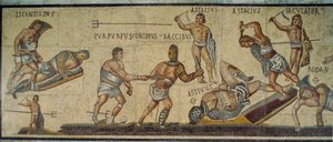 A Roman mosaic showing gladiators battling with various weapons