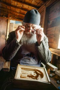 A Master Carver and Orthodox Priest Poses with His Work, Mount Athos, Greece