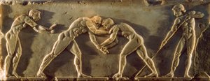 Ancient Greek athletes depicted on a 6th century B.C. bas relief. National Archeological Museum by James L Stanfield